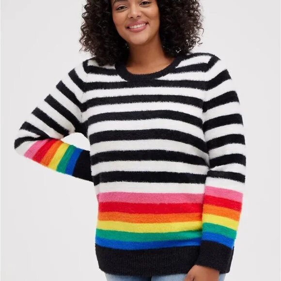 Torrid Womens 4 Black White Rainbow Striped Fuzzy eyelash  Pullover Sweater - Picture 1 of 10
